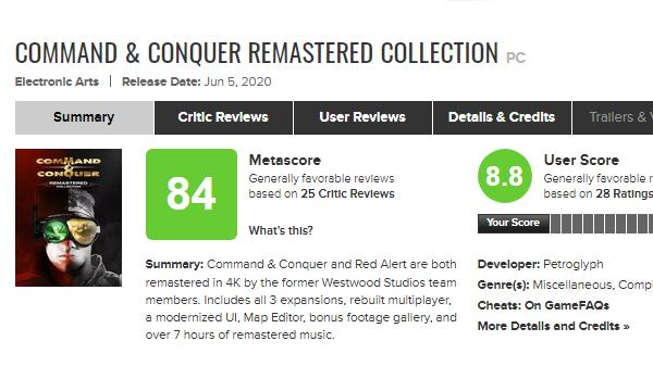 C&C Remastered scores 84/100 on Metacritic
